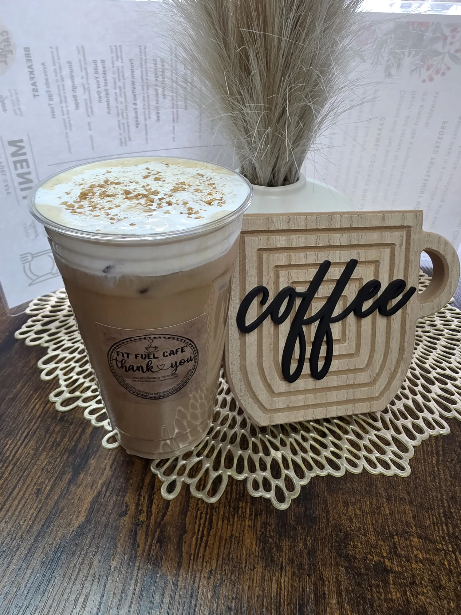 Brown sugar latte with cold foam at Fit Fuel Cafe